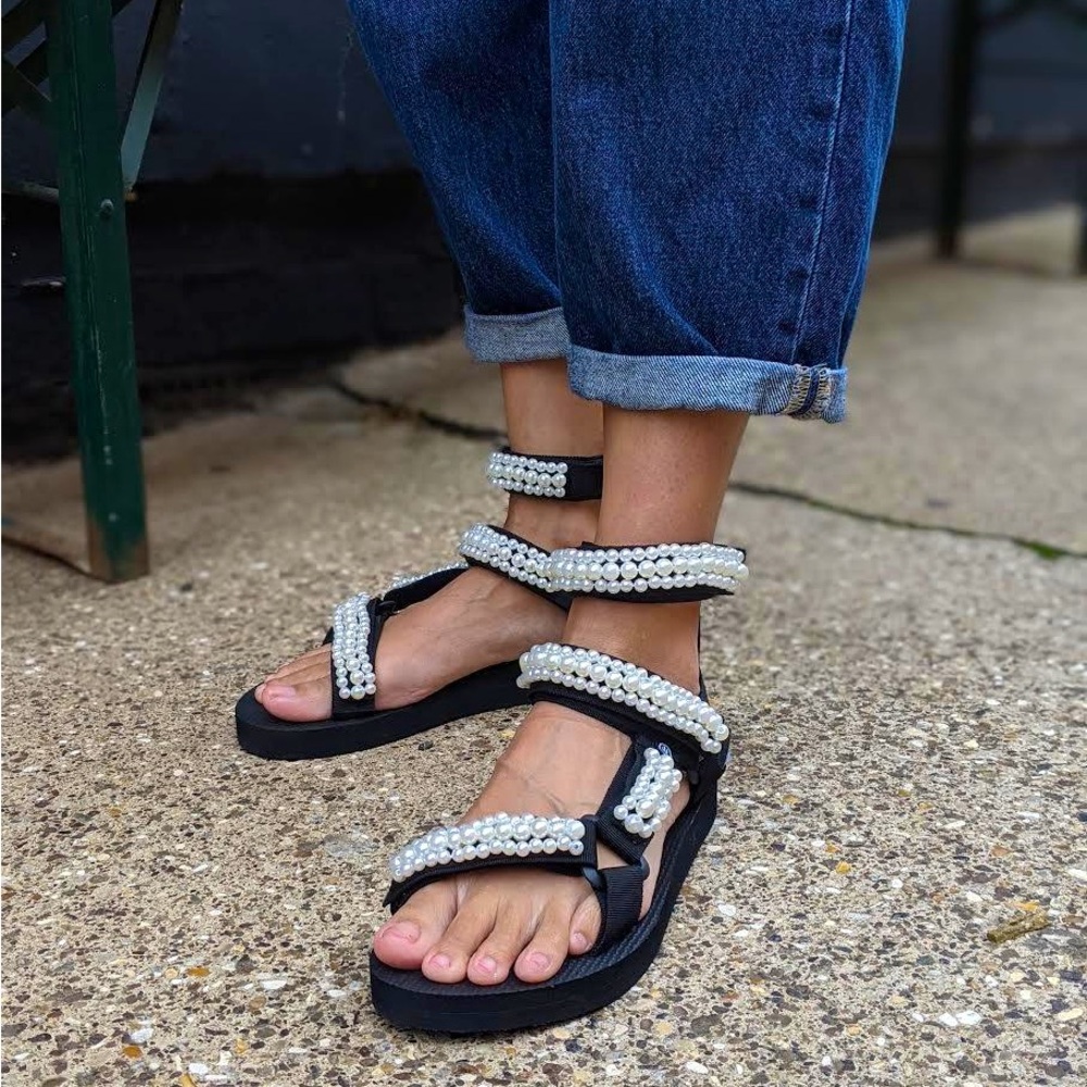 Arizona Love Trekky faux pearl-embellished canvas sandals NEW